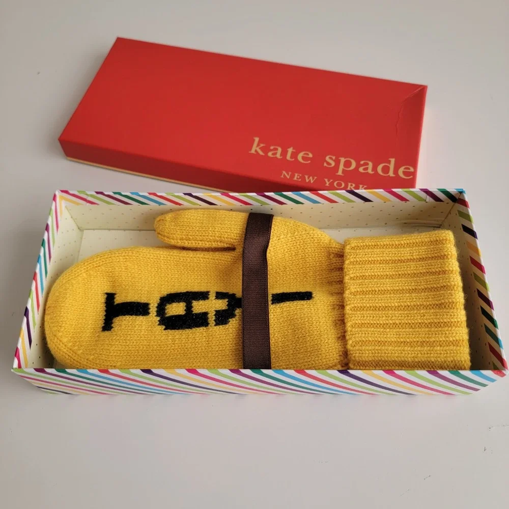 Kate Spade Metallic‎ Taxi Mittens Yellow Black Big Apple Wool Blend Original Box